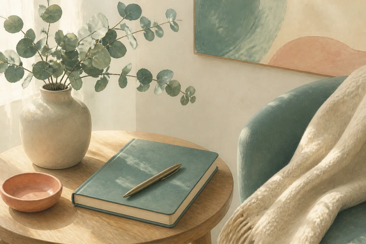 Caderno, planta e poltrona em um espaço acolhedor