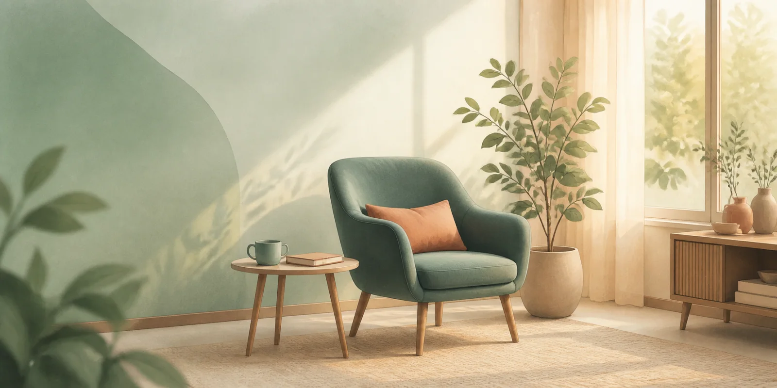 Poltrona em um ambiente acolhedor e iluminado, preparado para uma conversa tranquila